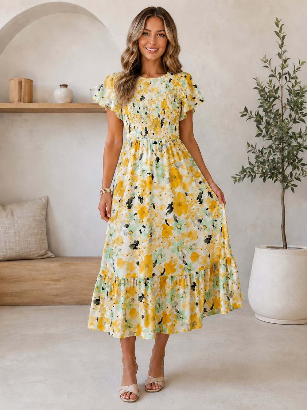 Sweet Salt Floral Smocked Midi Dress XS Yellow Flutter Sleeve Cottagecore Boho